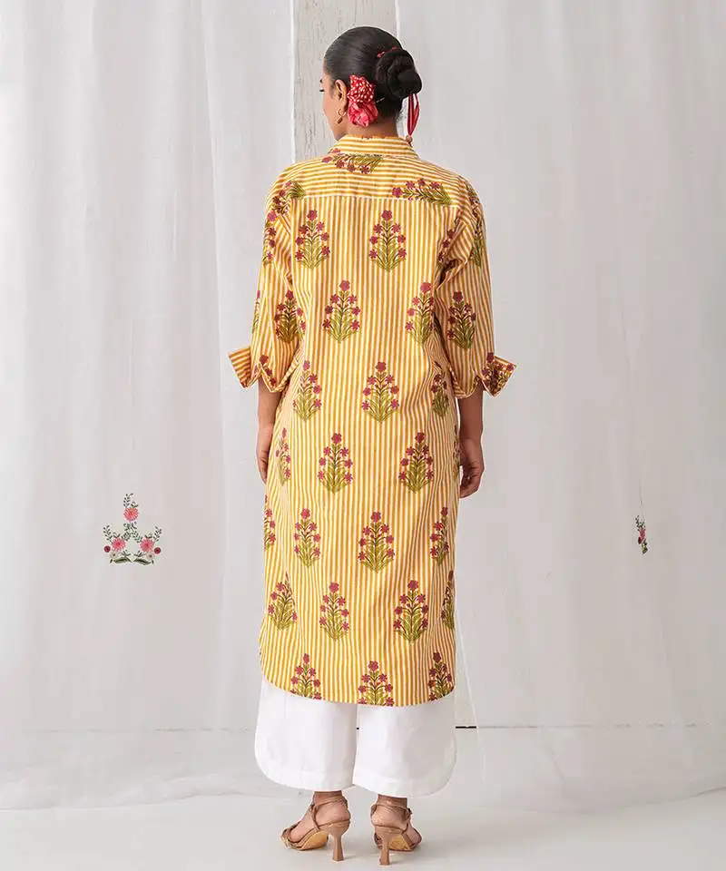 Yellow cotton floral printed kurta set