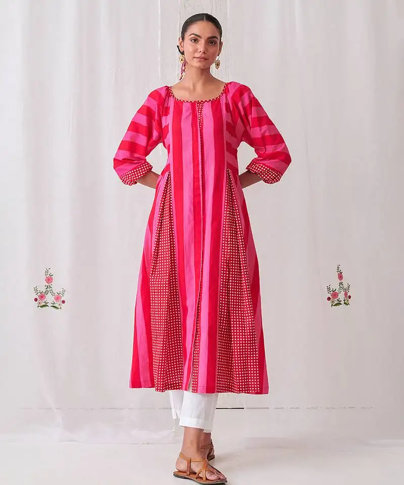 Pink cotton dot printed kurta set