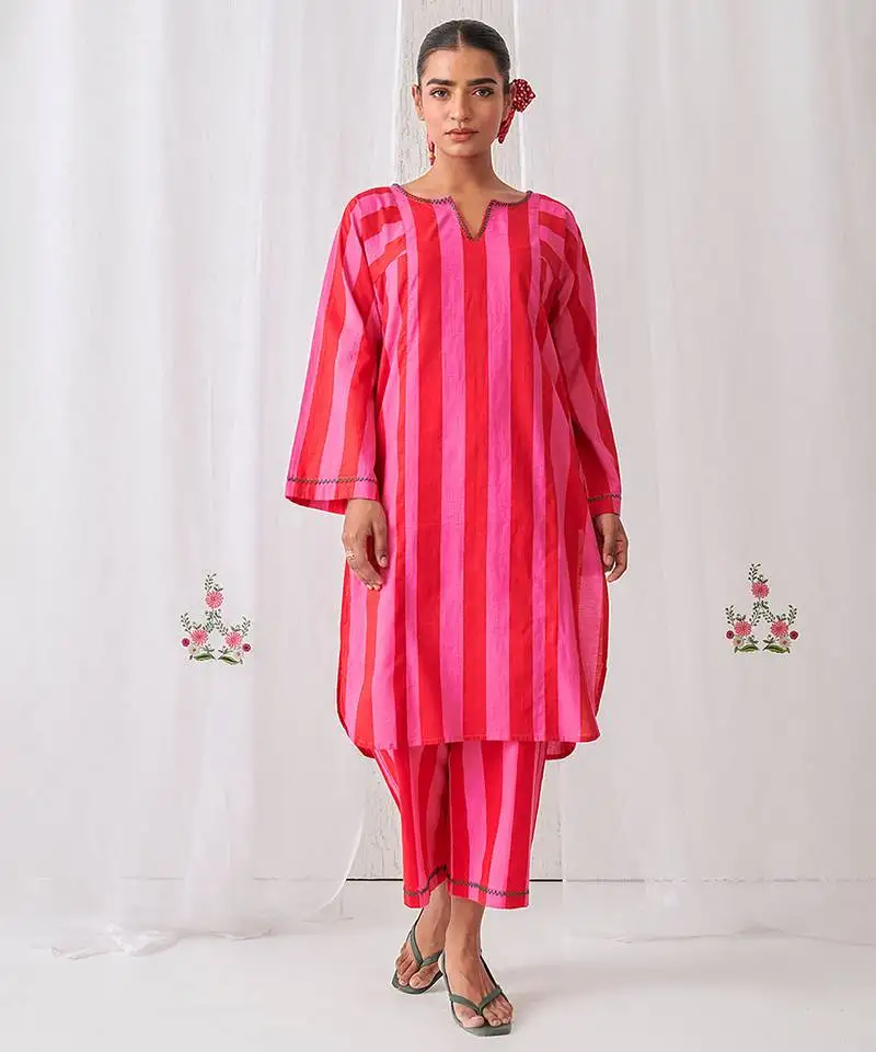 Pink cotton plain kurta set