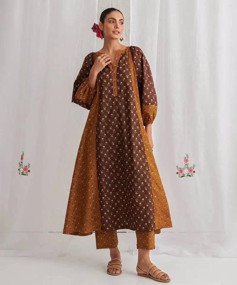 Brown cotton floral printed kurta set