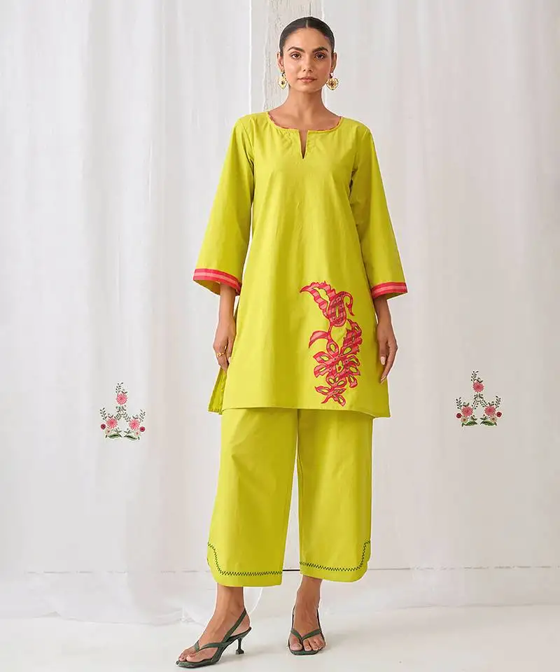 Light green cotton plain kurta set