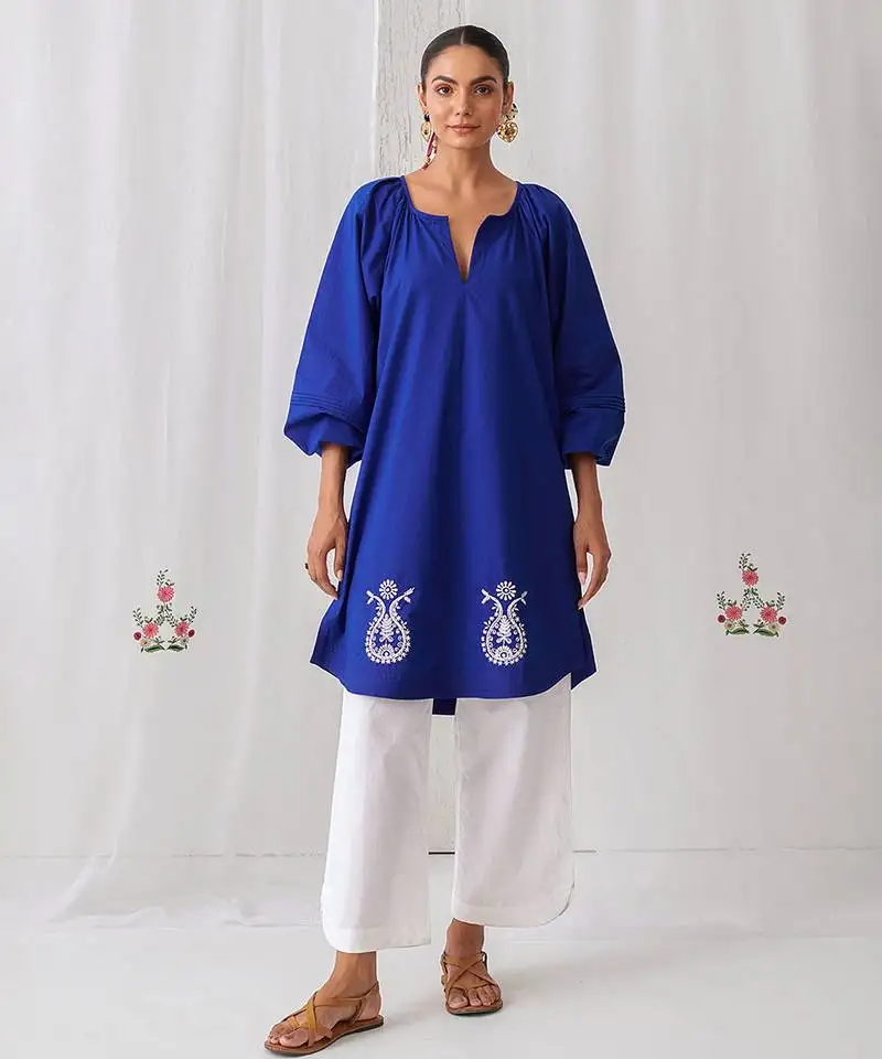 Royal blue cotton plain kurta set