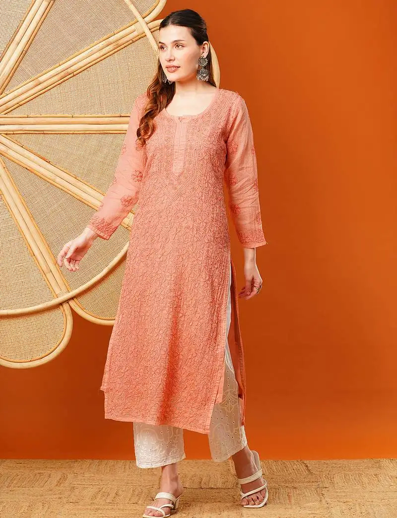 Hand embroidered peach kota lucknowi chikankari straight kurta with slip