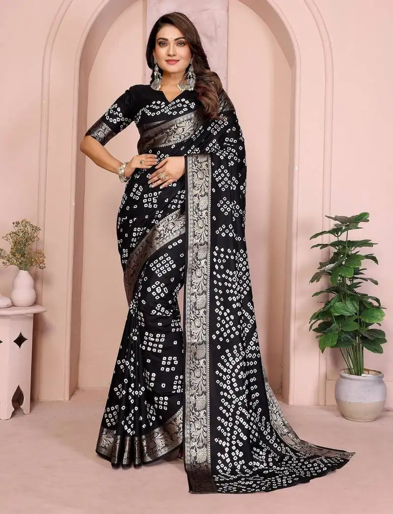 Black bandhej art silk blend saree with zari weaving work