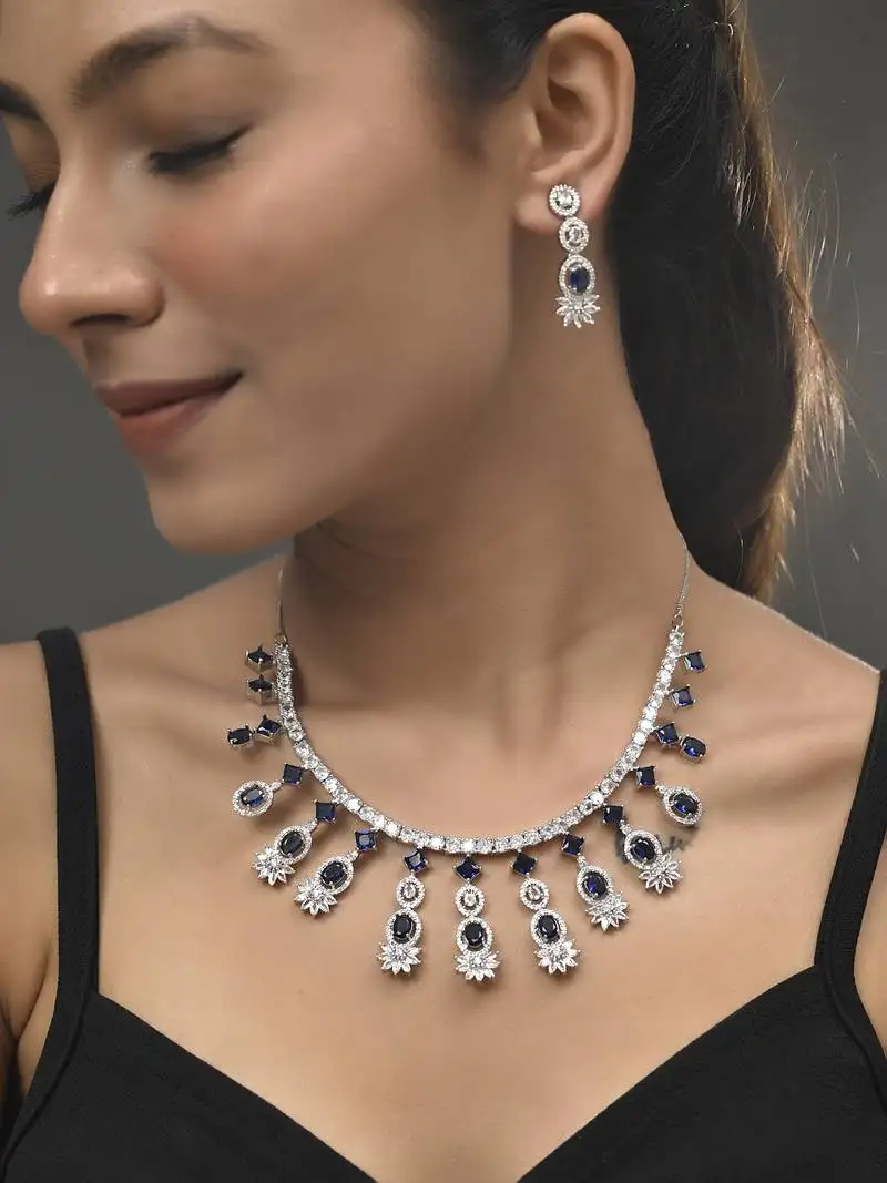 Silver-plated american diamond-studded jewellery set