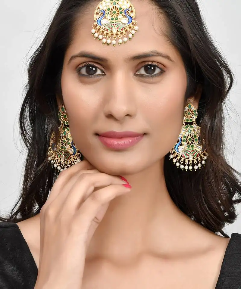 Gold plated & green meenakari peacock design maang tikka with earrings