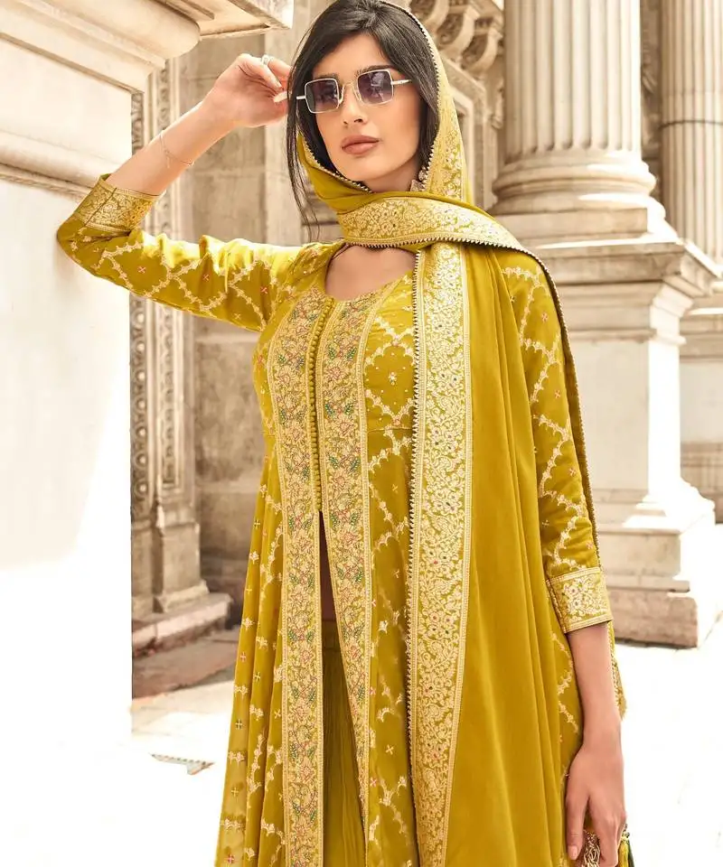 Yellow viscose georgette heavy embroidery wedding gowns-full stitched free size upto 44