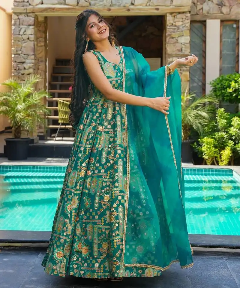 Sea green color ceremonial wear stylish girlie gown with dupatta for ethnic looks