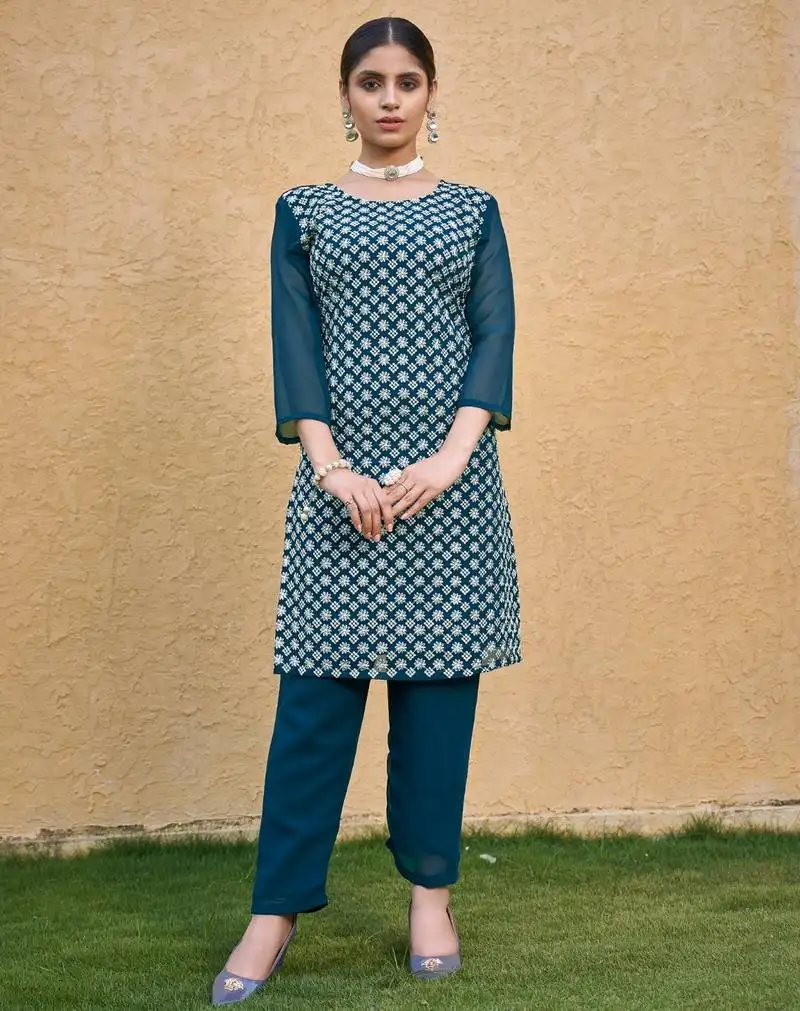 Teal blue color thread embroidery work casual georgette kurti