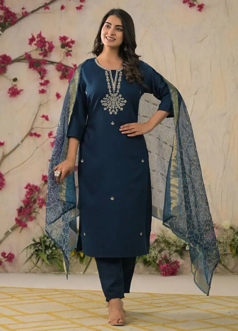 Teal blue color rayon fabric beautiful fancy and ethnic kurta set with dupatta