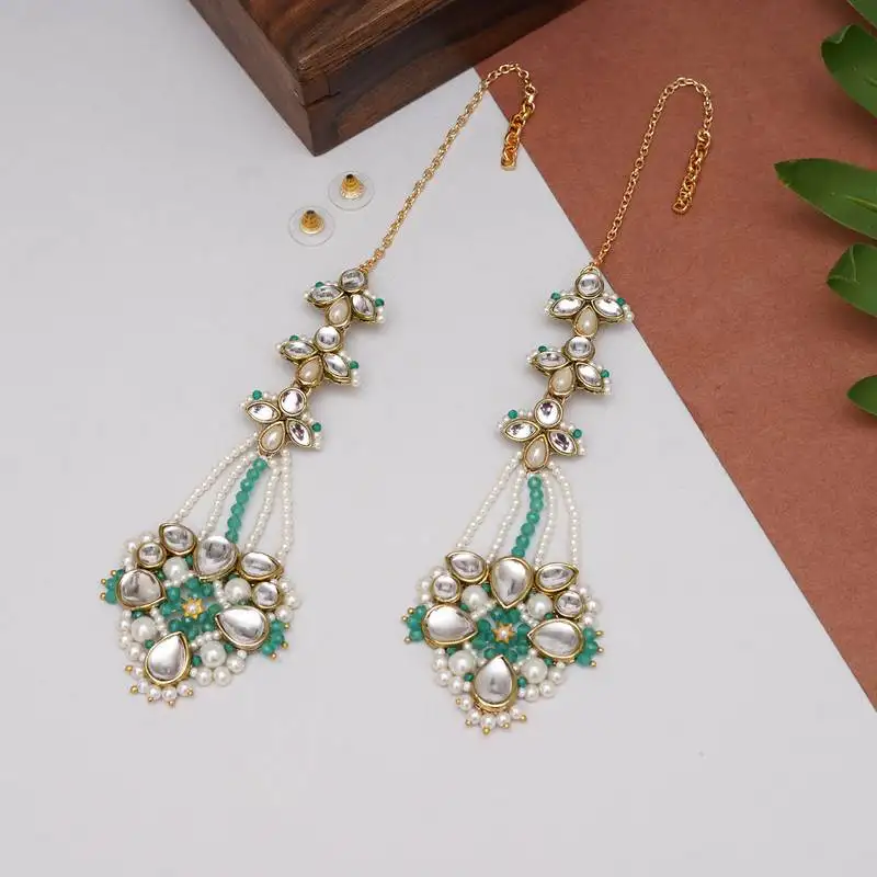 Gold tone green beads kundan kanauti earrings