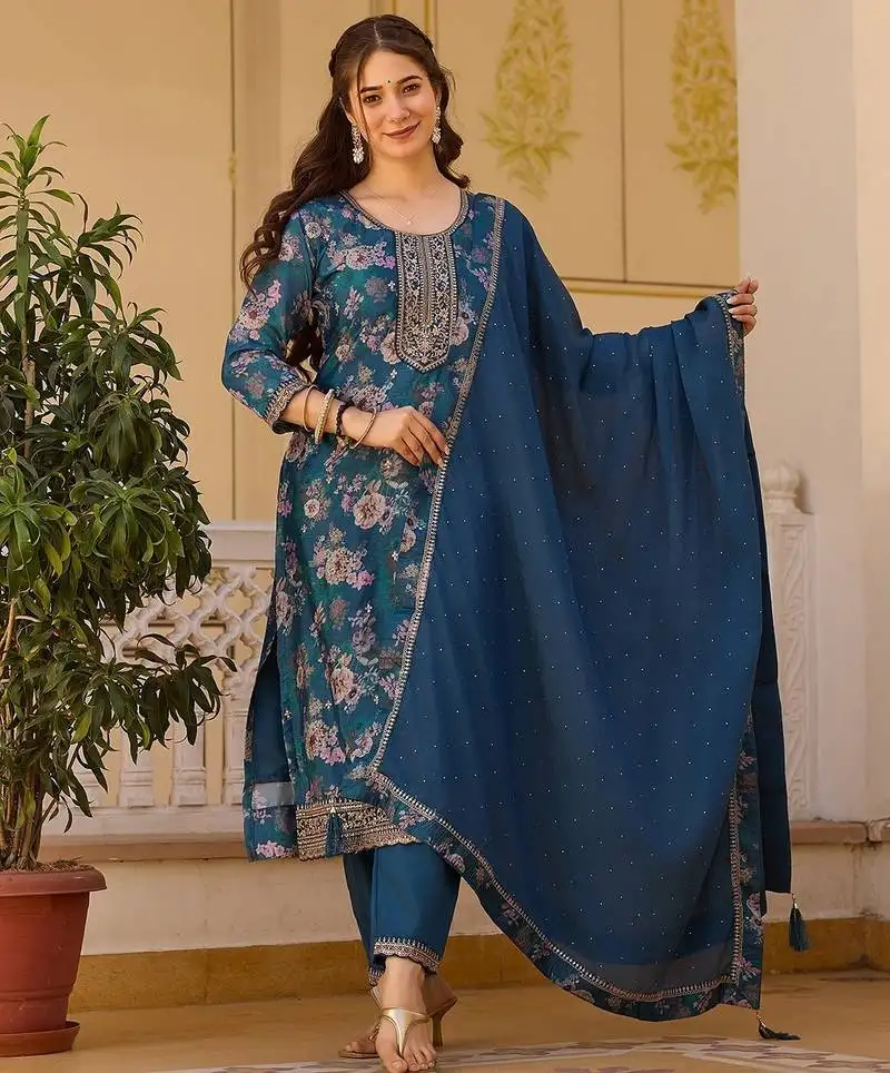 Teal color beautiful ceremonial chinon fabric embroidered festive suit