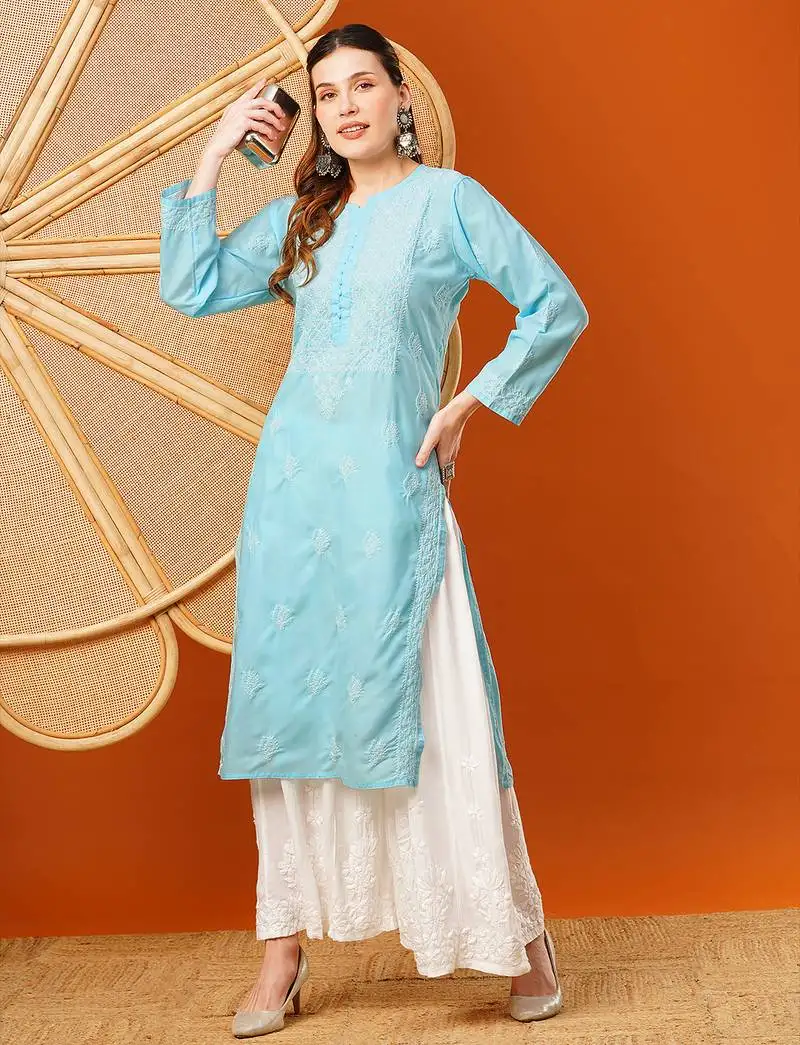 Hand embroidered sky blue cotton lucknowi chikankari straight kurta