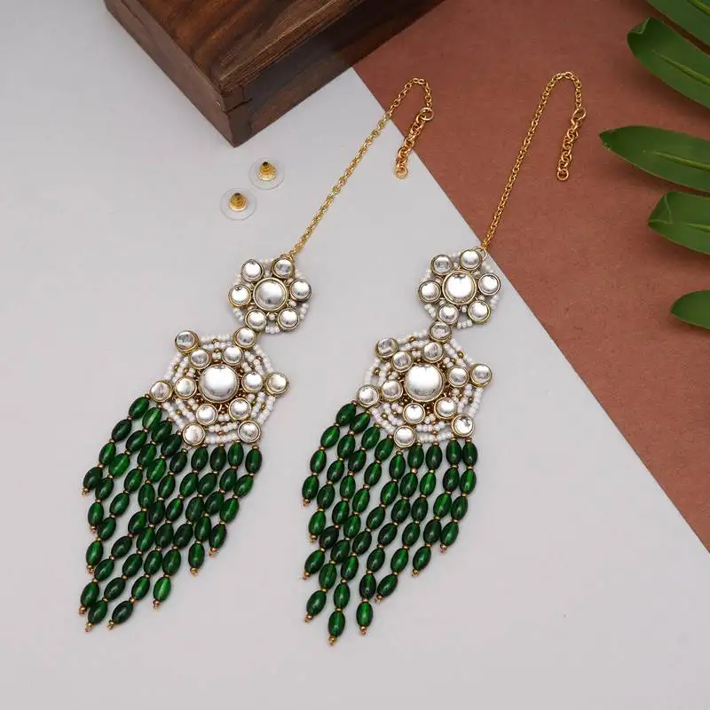 Gold tone green dangling beads kundan kanauti earrings