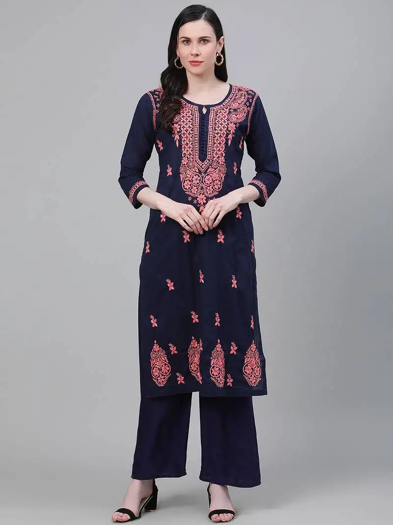 Hand embroidered navy blue cotton lucknowi chikankari straight kurta