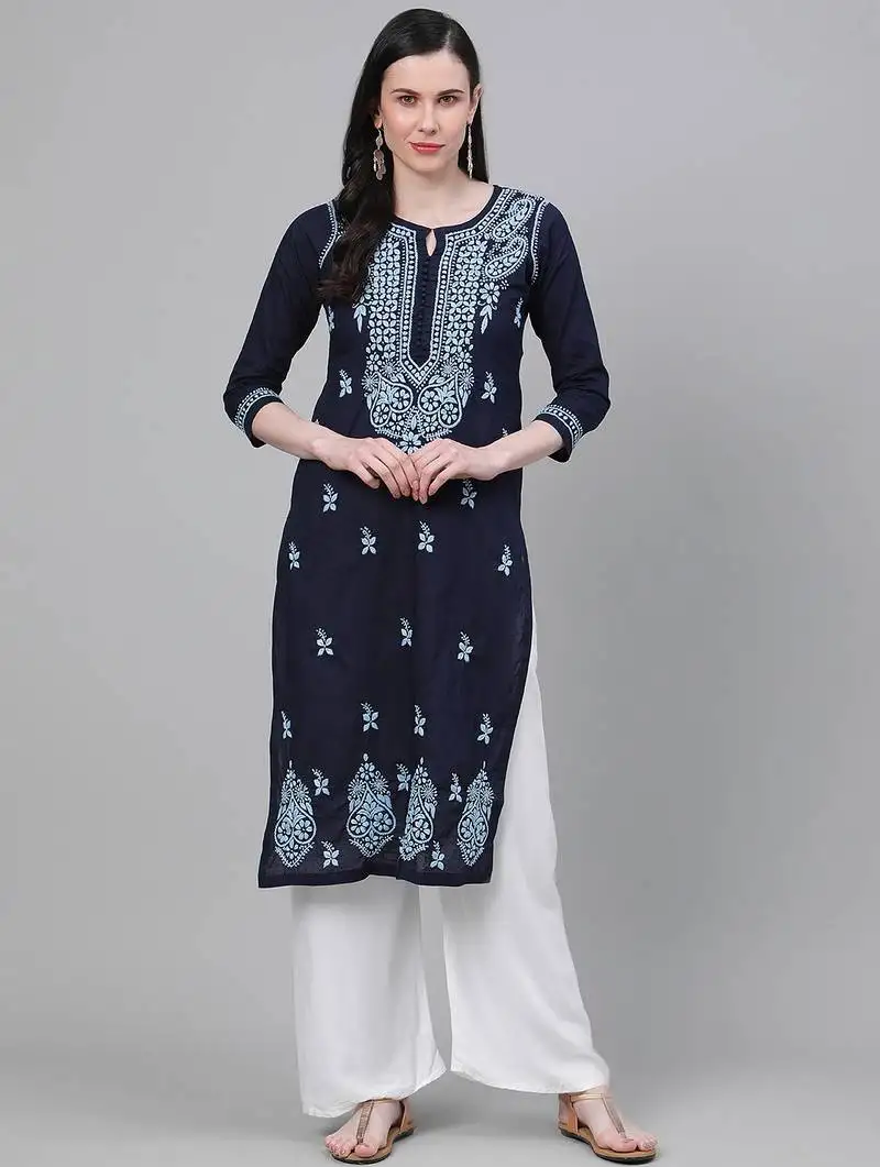 Hand embroidered navy blue cotton lucknowi chikankari kurta