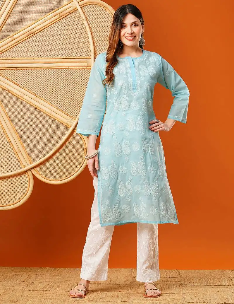 Hand embroidered blue cotton lucknowi chikankari straight kurta