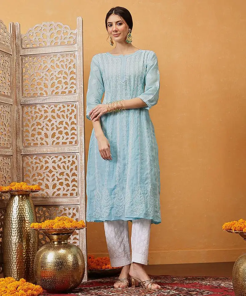 Hand embroidered sky blue cotton lucknowi chikankari anarkali a-line kurta