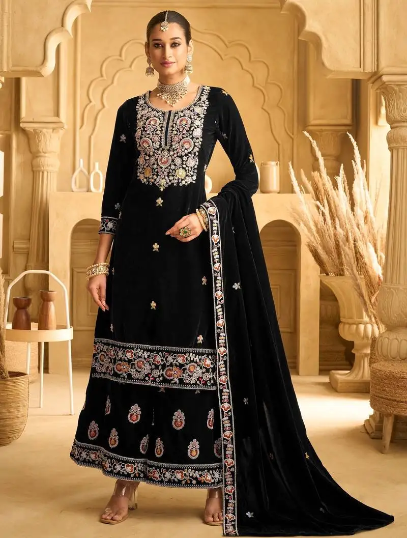 Black color beautiful wedding wear velvet fabric semi stitched palazzo dress