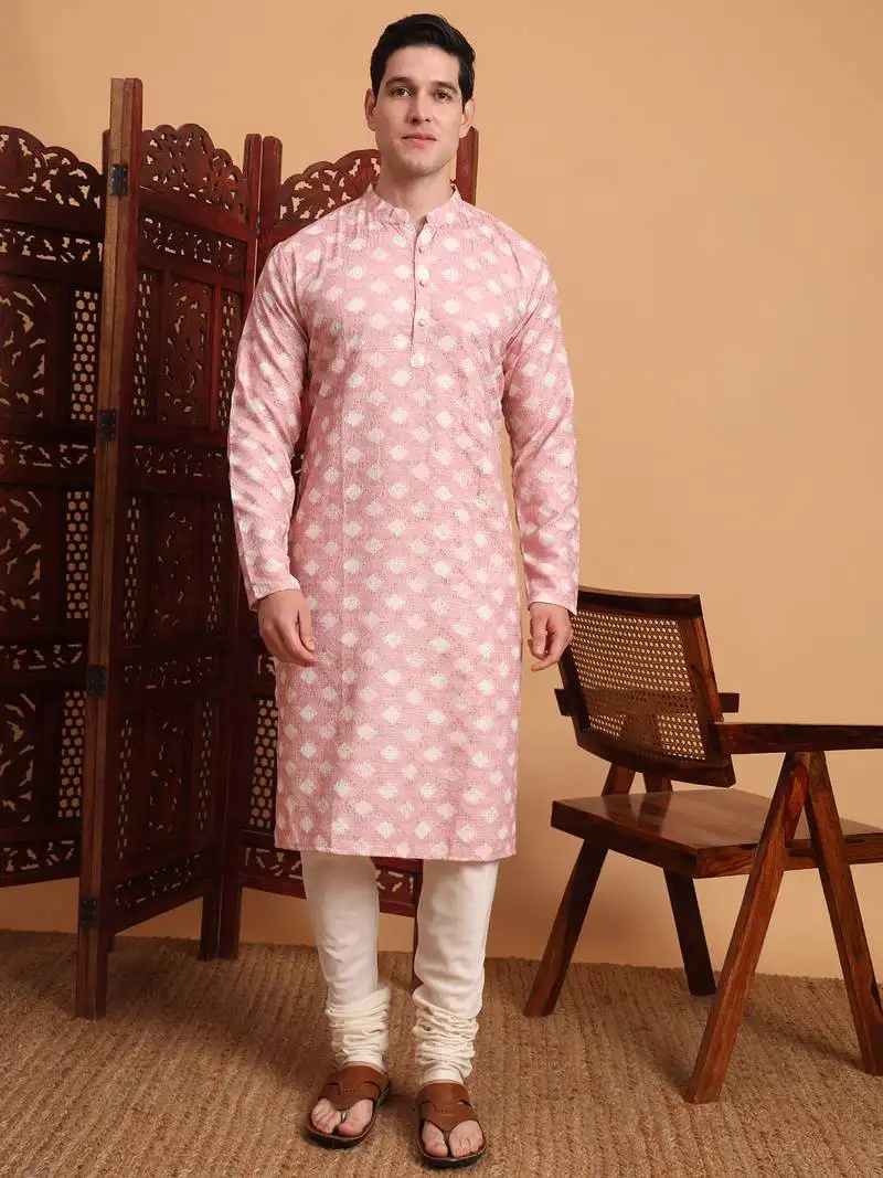 Beautiful pink color smart printed men's festive wear kurta