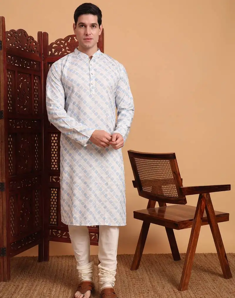 Beautiful blue color smart printed men's festive wear kurta