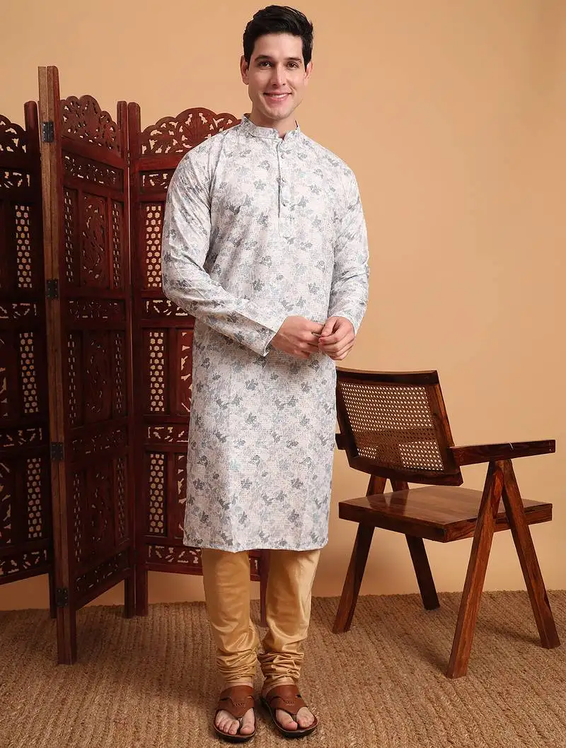 Beautiful grey color smart printed men's festive wear kurta