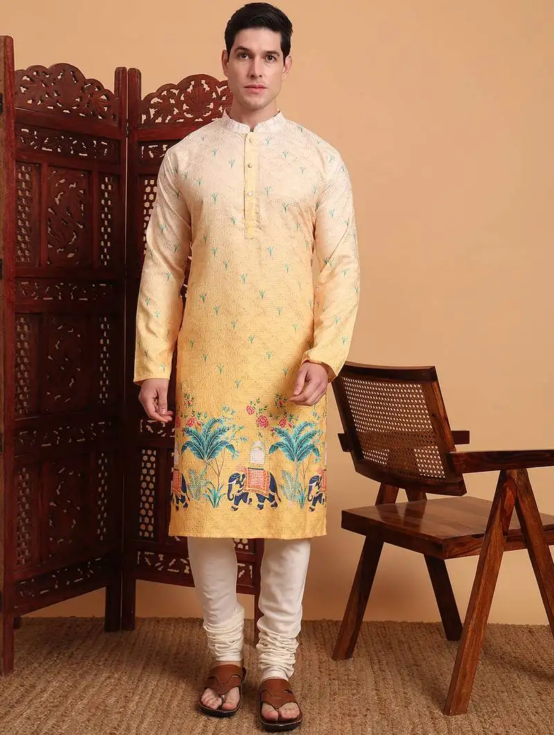 Yellow color beautiful men's traditional kurta for ceremonial looks