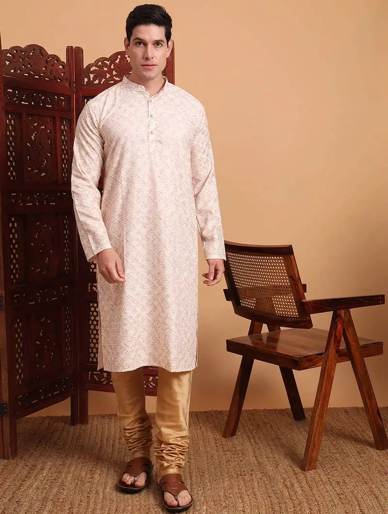 Beautiful peach color smart printed men's festive wear kurta