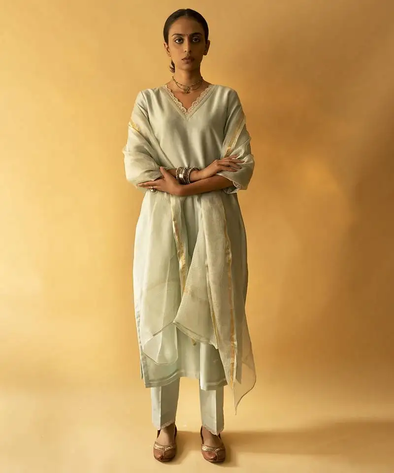 Light green chanderi plain kurta set
