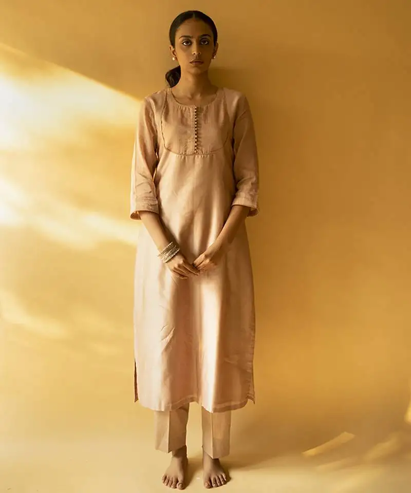Beige chanderi plain kurta set