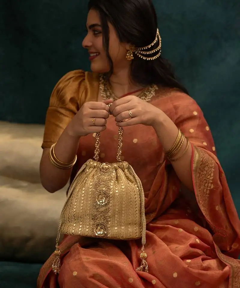 Gold silk embroidered tote bag