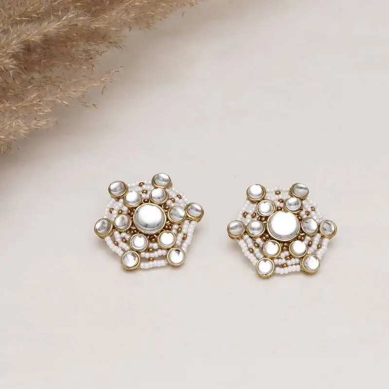 Golden tone kundan & white pearls studs