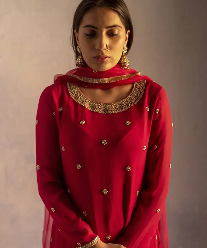 Red georgette embroidered kurta set