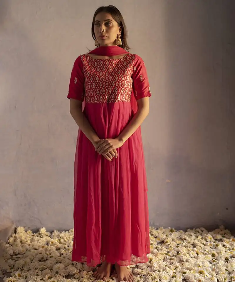 Pink chiffon embroidered gown with dupatta
