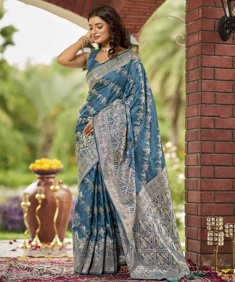 Cyan blue satin silk blend woven jacquard work saree with blouse piece