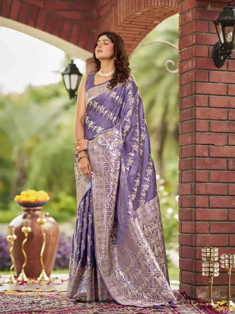 Lavender purple satin silk blend woven jacquard work saree with blouse piece