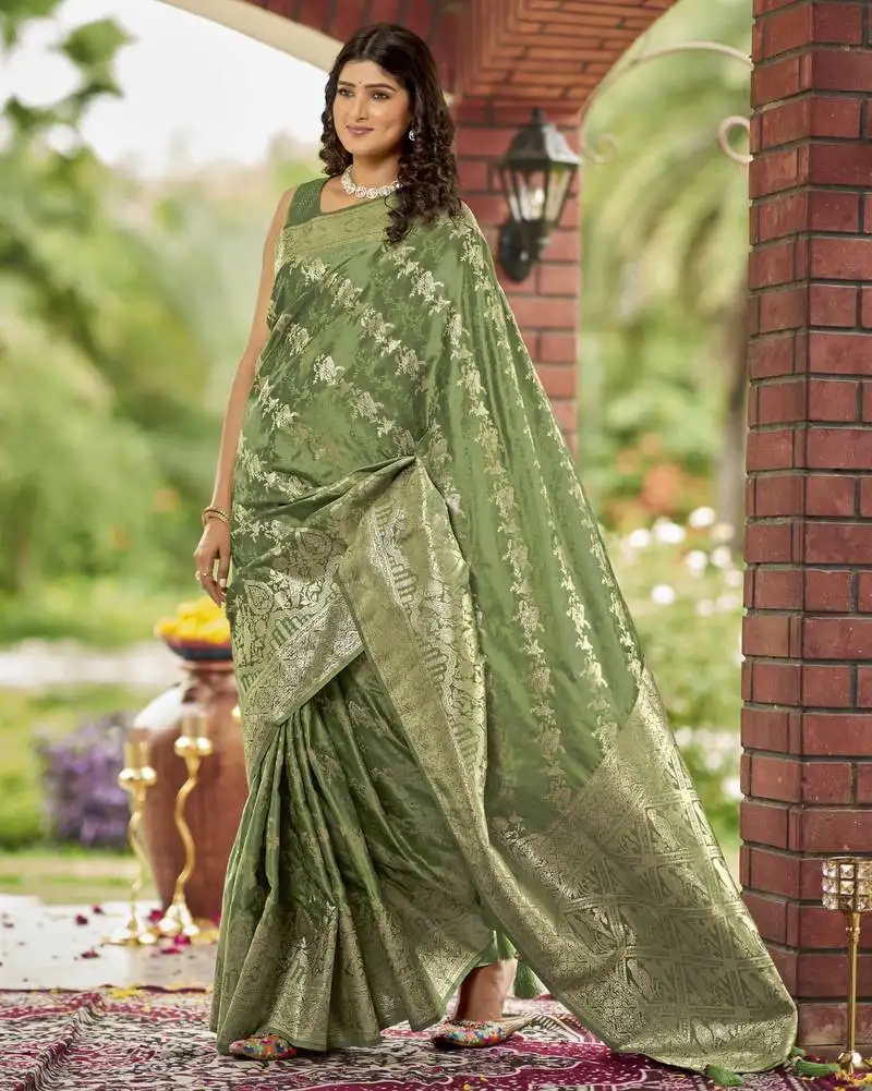 Olive green satin silk blend woven jacquard work saree with blouse piece