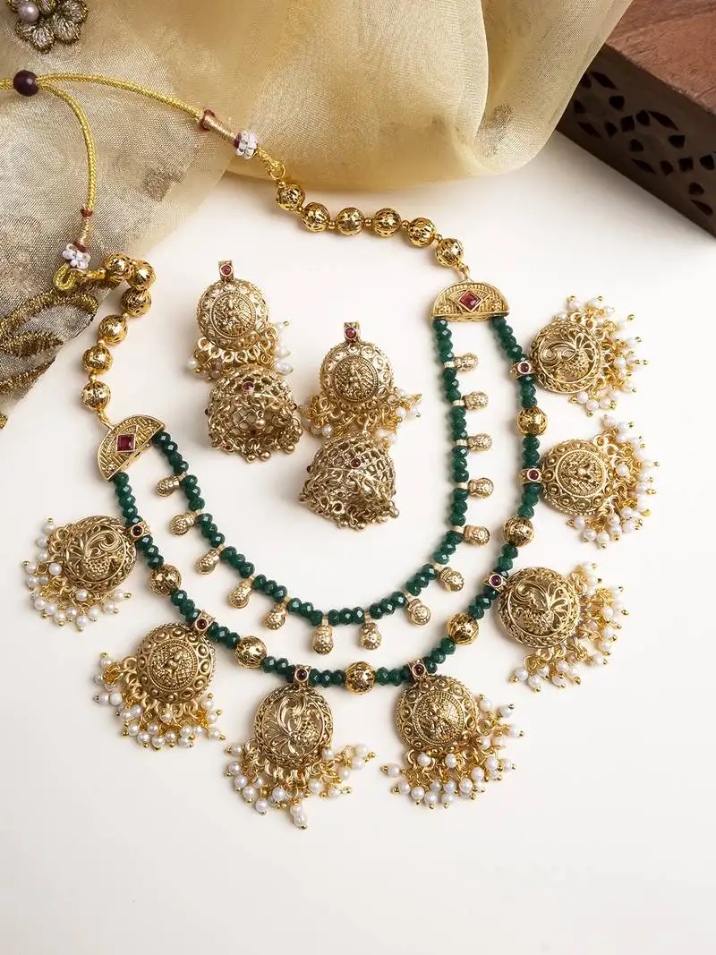 Gold plated green onyx filigree necklace set