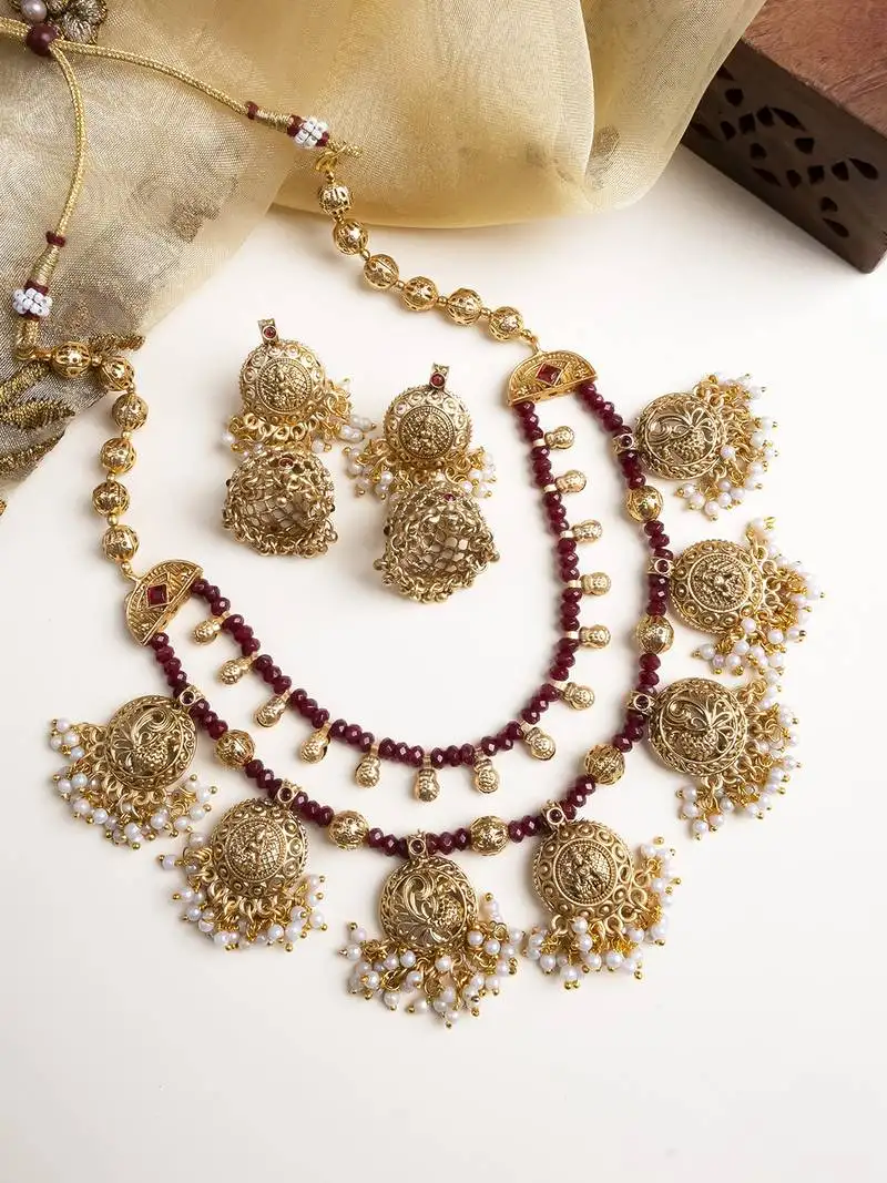 Gold plated red onyx filigree necklace set