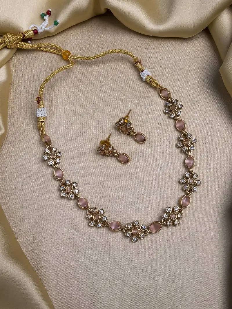 Gold plated pink kemp flower necklace set
