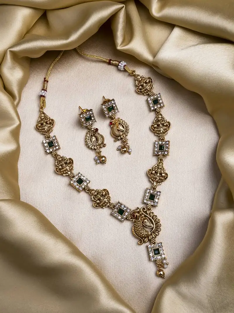 Gold plated sleek green peacock necklace set