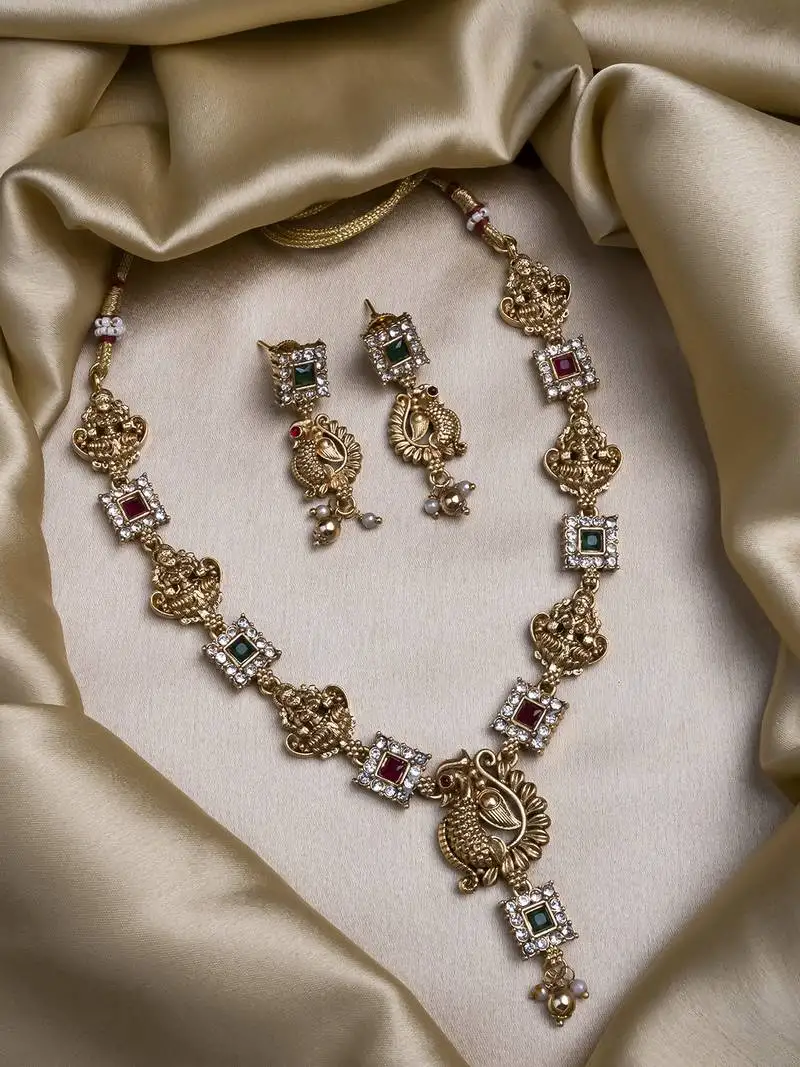 Gold plated sleek multicolor peacock necklace set