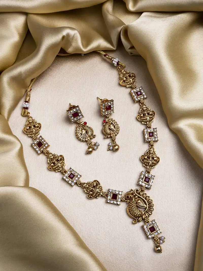 Gold plated sleek red peacock necklace set