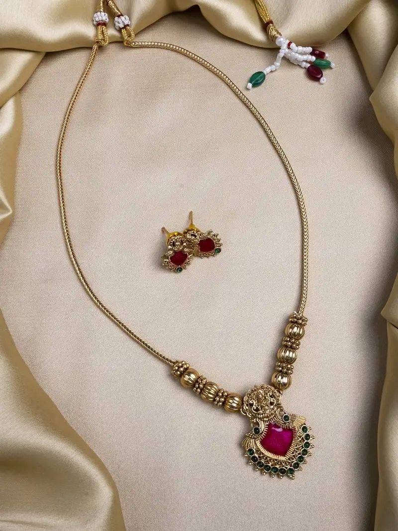 Gold plated red meenakari and beads necklace set