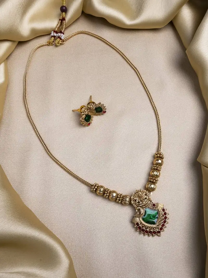 Gold plated green meenakari and beads necklace set