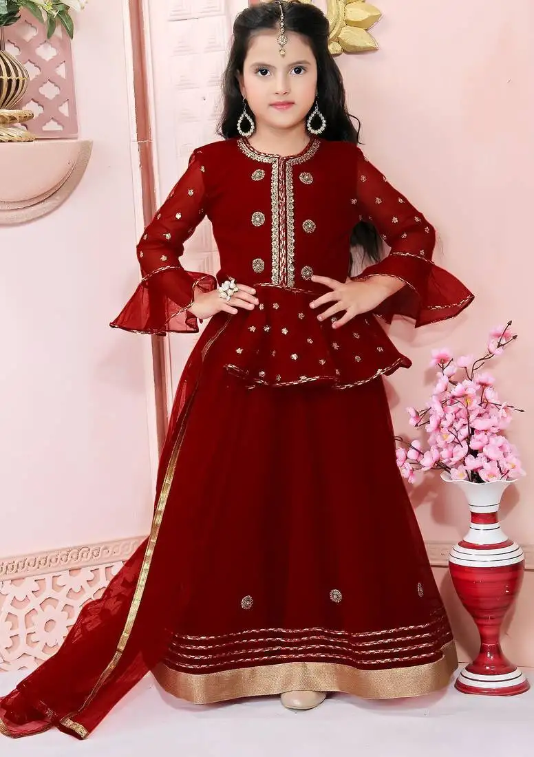 Maroon embroidered net a line lehenga choli dupatta