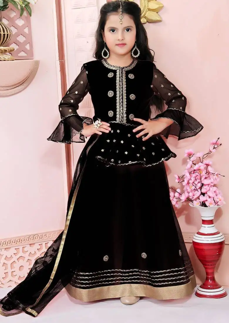 Black embroidered net a line lehenga choli dupatta