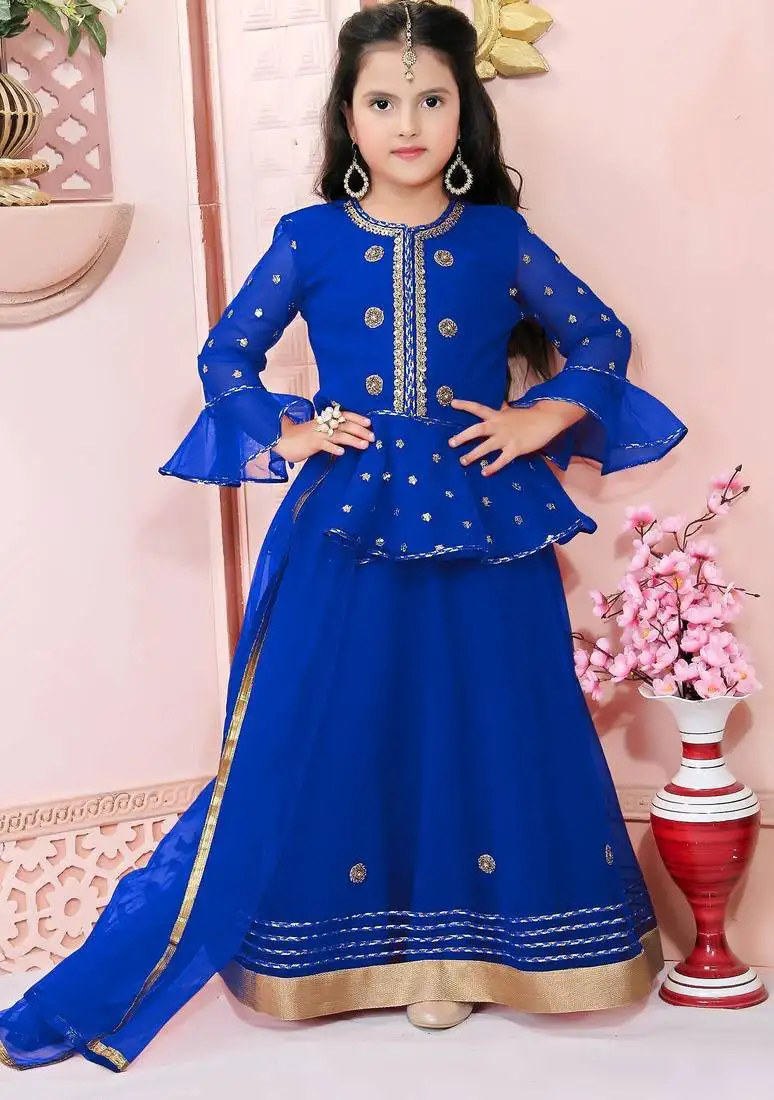 Blue embroidered net a line lehenga choli dupatta