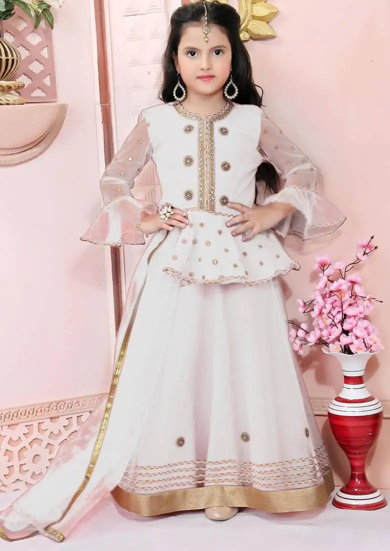 White embroidered net a line lehenga choli dupatta