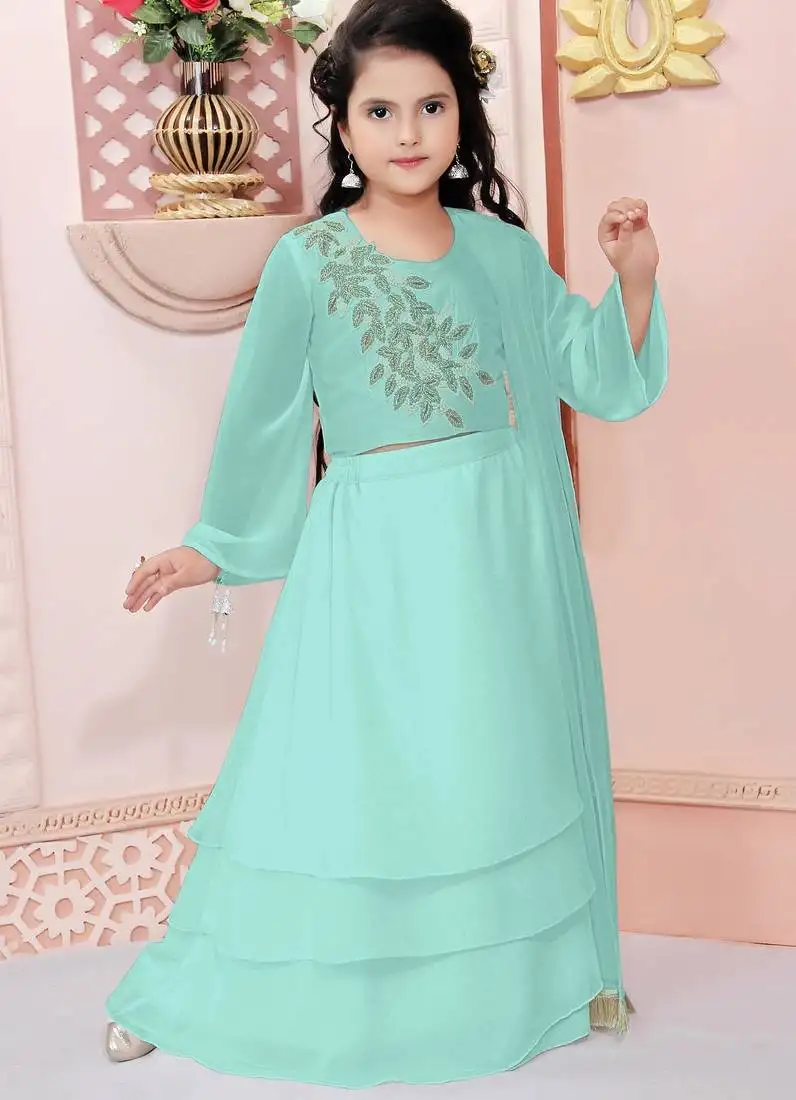 Blue embroidered cotton silk a line lehenga choli dupatta